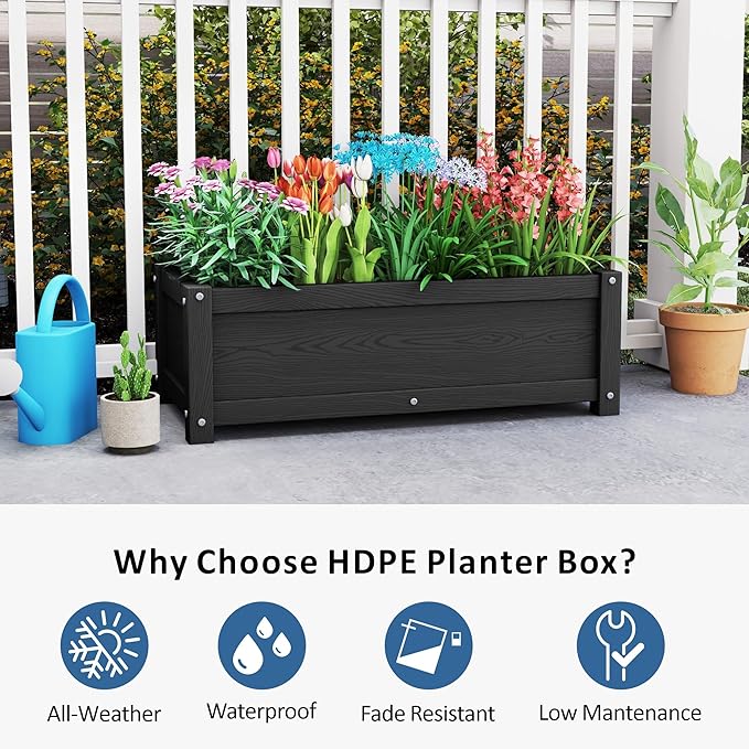 HDPE Raised Planter Box Outdoor,Rot-Resistant and Non-Cracking,Raised Beds for Gardening 29.5 * 14.4 * 9.8 in for Yard,Lawn,Outdoor Planter Boxes Rectangle with Drainage Holes Black