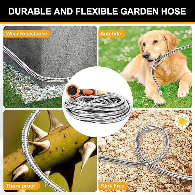 Metal Garden Hose 25ft Copper Bullet, Heavy Duty Stainless Steel Water Hose with 10 Function Sprayer Nozzle, Leaf-Proof Kink Free Lightweight for Outdoor,Yard,Lawn,Patio, Car