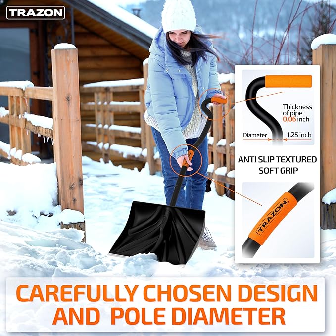 Snow Shovel Heavy Duty for Driveway with Ergonomic Handle to Use Without Backpain for Home Garage Car - Snow Shovel with 18 Inch Blade Large Capacity and 58 Inch Long Ergonomic Handle (Black)