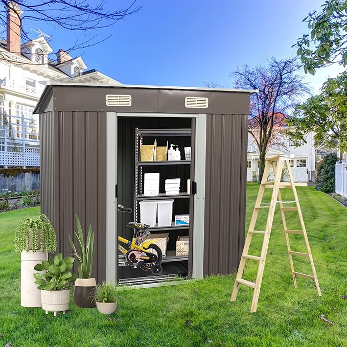 Favfurish 6 x 4 FT Outdoor Storage Shed,Metal Anti-Corrosion Utility Tool House with Punched Vents, w/Sliding Doors & Padlock,Waterproof Garden Sheds for Backyard Lawn Patio,Grey