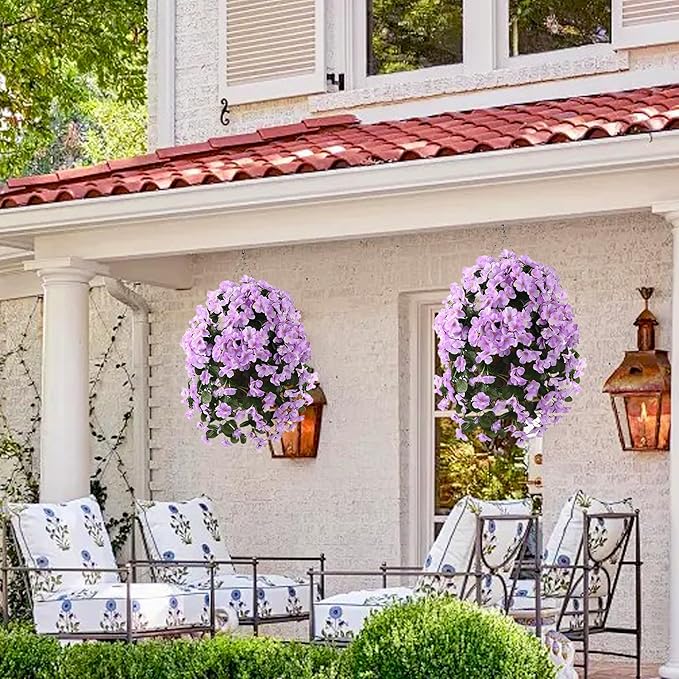 INQCMY Artificial Hanging Flowers with Basket for Outdoor Garden Spring Decoration,Faux Silk Begonia in Planter Look Real UV Resistant for Outside Home Porch Patio Balcony Yard Decor(Light Purple)