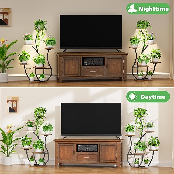CODACE Plant Stand Indoor with Grow Lights - 2 PCS Indoor Plant Shelf, 6 Tiered Corner Plant Stands for Indoor Plants, Swan-Shaped Plant Holder, Metal Flower Display Rack for Living Room (Black)