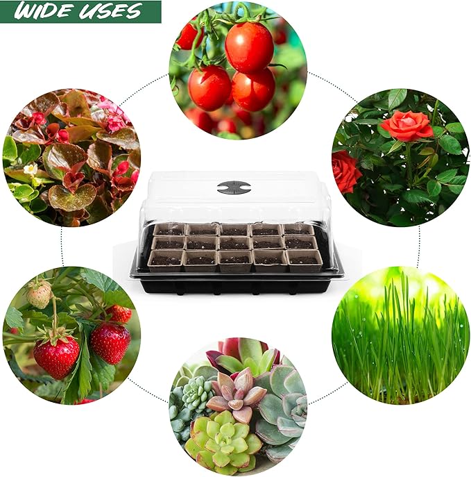 4 Pack Seed Starter Tray Set Plants Growing Trays Peat Pots for Seedlings with Seed Starter Pots, Plastic Germination Tray, Plant Labels, Tool for Flower Vegetable Planting, Black