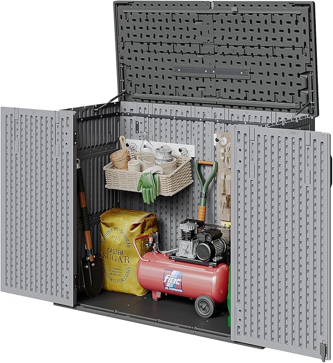 AOXUN Horizontal Storage Sheds 41 Cu.ft, HDPE Outdoor Storage Box 160 Gallon, Waterproof Lockable Resin Deck Box with Spring-Assisted Lid, Patio Storage for Garden, Pool, Cushions, Tools, Grey