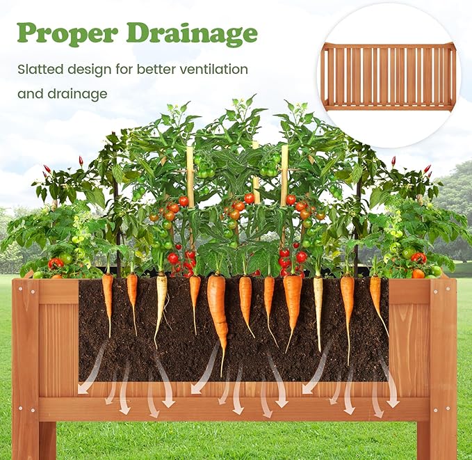 2-Tier Elevated Garden Planter Bed, Fir Raised Garden Bed Outdoor with Legs & Storage Shelf for Vegetables, Flowers & Herbs, Wooden Planter Box Raised Bed for Gardening, Balcony & Porch