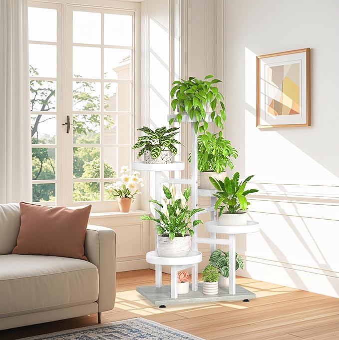 iDavosic.ly 5 Tier Plant Stand Indoor, Tiered Corner Metal Wood Multiple Flower Holder Shelf, Tall Orchid Display Rack for Patio Porch Living Room Balcony Outdoor, White