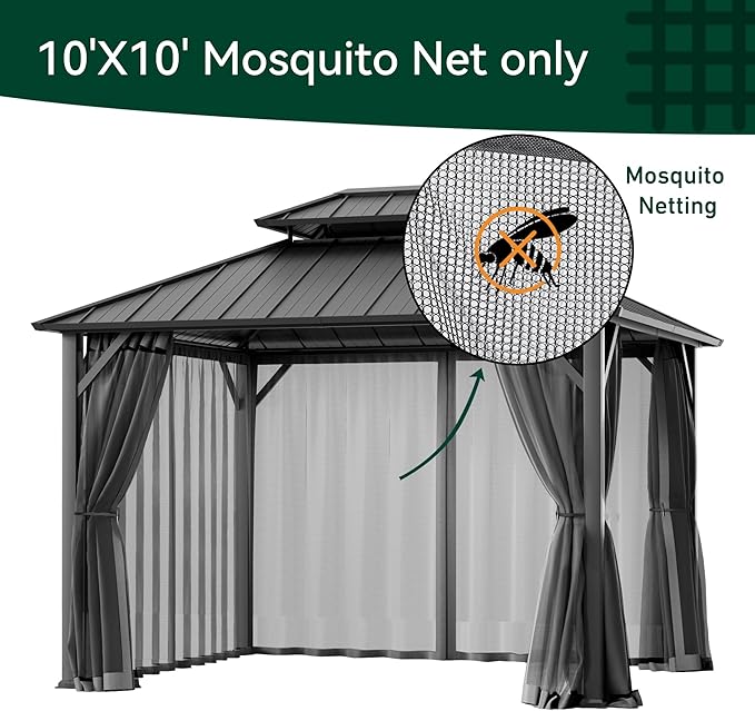 Universal Gazebo Mosquito Netting 10'x10' Replacement, 4-Panel Screen Walls with Double Zipper for Outdoor PatioCanopy Garden Gazebos, Dark Gray and Black