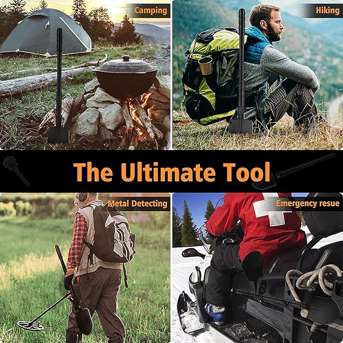 FLYEGO 9-in-1 Folding Camping Shovel, Multifunctional Military Shovel Portable Metal Detecting Shovel High Carbon Steel Entrenching Tool, Car Emergency, Hiking, Garden, Trenching, Backpacking