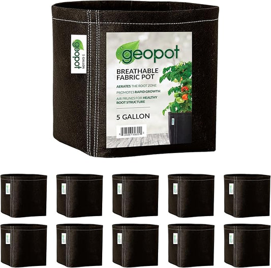 GeoPot 5 Gallon Fabric Grow Bags for Vegetables, Houseplants, Herbs & Flowers | 10-Pack | Fabric Pots for Outdoors and Indoors, Aerated Fabric Grow Bags