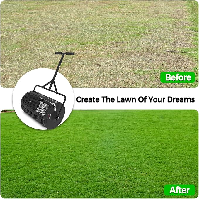 A ANLEOLIFE 24 Inch Compost Spreader, Lawn and Garden Peat Moss Roller with Side Latches, 24-31.1" Height Adjustable Handle, Metal Mesh Basket for Spreading Topsoil, Manure, Mulch, Black