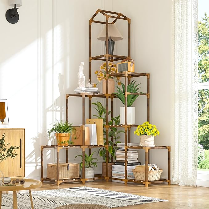 EnHomee 64.2" H Plant Stand Indoor Outdoor Tall Plant Shelf for 13-19 Pots Corner Tiered Plant Stands for Multiple Plants Wood Hanging Plants Holder for Garden Balcony Patio Window Porch