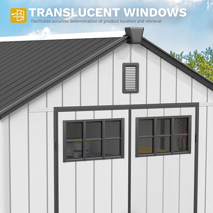 DWVO 8x10 FT Outdoor Storage Shed, 544 cuft Plastic Storage Shed with Floor & Lockable Door, All-Weather Tool Garden Shed with Window & Vent for Patio Furniture, Lawn Mower, Pool Supplies, Dark Gray