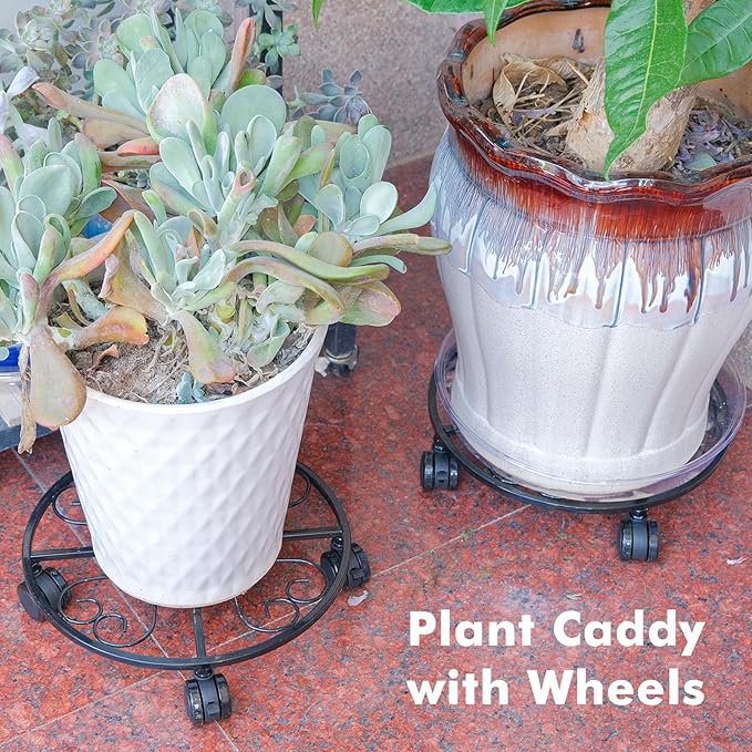6 Pack Metal Plant Stand with Wheels 12 Inch Plant Caddy with Wheels Heavy Duty Wrought Iron Rolling Plant Stand Plant Dolly Plant Rollers Plant Cart Plant Mover with 6 Pack Plant Saucers