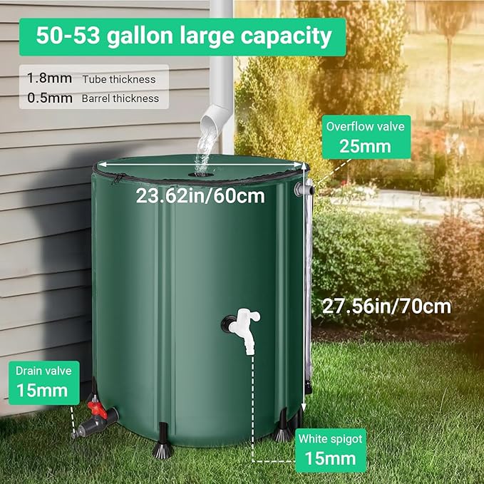50 Gallon / 200L Collapsible Rain Barrel, Foldable PVC Rain Barrels to Collect Rainwater from Gutter, Portable Water Storage Tank Container with Hose Spigot, Water Catcher Collector Green