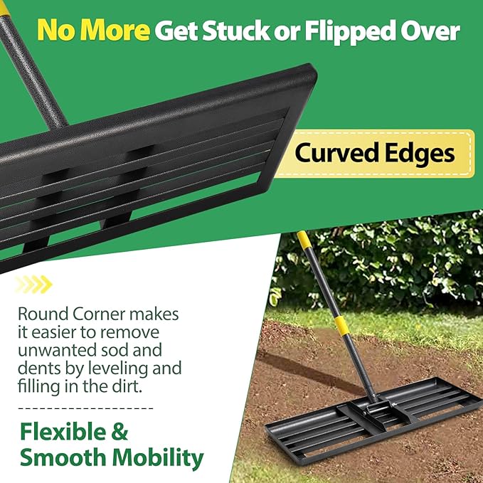 Lawn Leveling Rake, 6 FT Ground Lawn Leveler with 30 x 10 Wide Large Rakes Head for Smooth Garss Soil Dirt Sand, High Effect Yard Leveling Tool with Round Edge forGarden Golf Course, No Flip