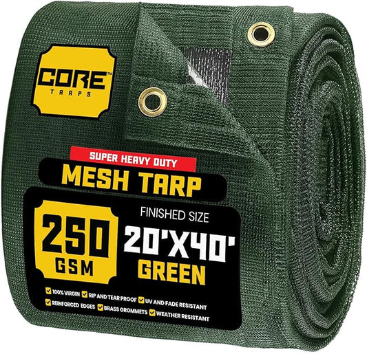Core Tarps 60% Green Shade Cloth with Grommets - 20 X 40 FT Heavy Duty Mesh Tarp - Sun Shade Cloth for Garden Vegetables Plants Greenhouse Outdoors Backyard Fences Dump Trucks Patio Mesh Shade Tarp