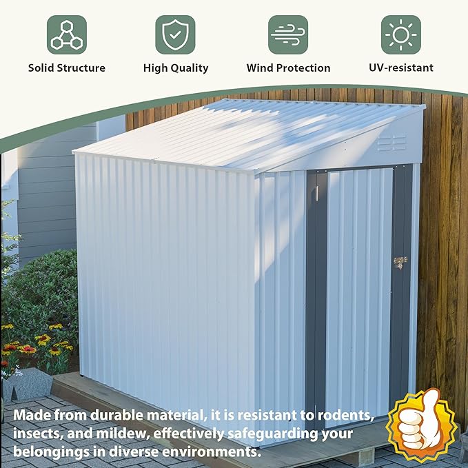 4x7 FT Outdoor Storage Shed,Lean to Lockable Metal Garden Shed Steel with Reinforced Beams,All Weather Waterproof Storage House W/Lockable Door&2 Air Vents,for Backyard,Patio,Lawn,Garden,White