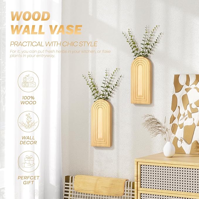 EOSAHR Rustic Pine Wood Wall Vases Set of 2 – Farmhouse Wall Decor for Indoor Plants – Best Boho Chic Decor Hanging Planters for Living Room, Bedroom & Midcentury Modern Home Decor (Original Wood)