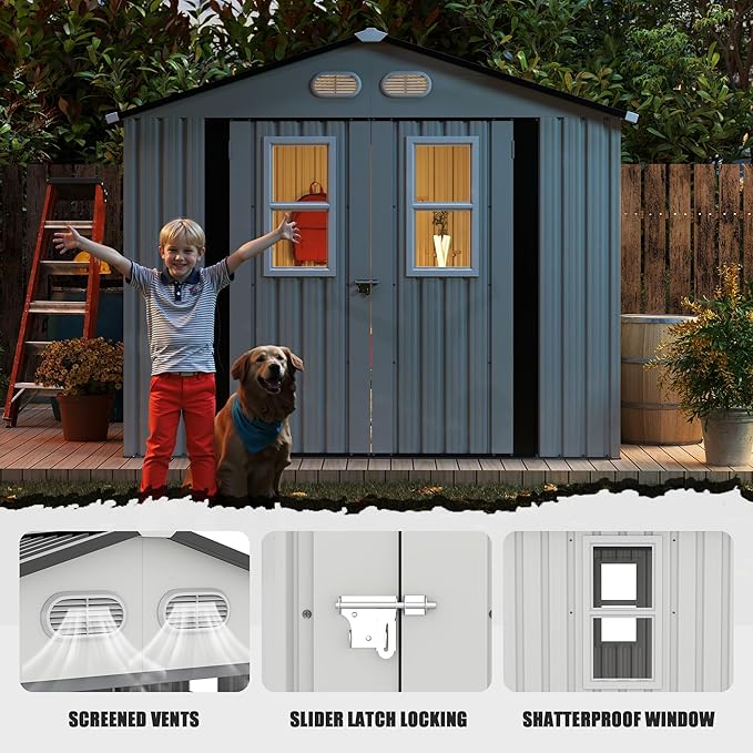 8x8 SF Outdoor Storage Shed,Metal Shed with Lockable Doors & 4 Daylight Windows,Garden Tool Shed w/Air Vents & Sloped Roof, Ideal for Backyard,Patio,Lawn,White