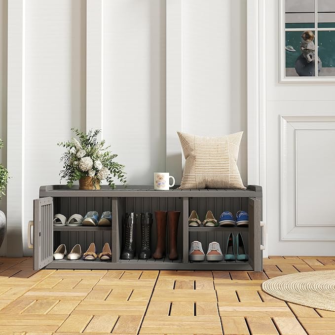 KAMABOKO Shoe Storage Cabinet Waterproof UV-Resistant, Entryway Storage Bench Indoor Outdoor with 2 Doors, Adjustable Shelves for Entryway, Bedroom, Hallway,Living Room(Grey)