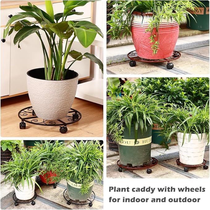 5 Pack Plant Caddy with Wheels Heavy Duty 13.5 Inch Metal Plant Stand on Wheels Plant dolly Rolling Stand Plant Roller with Casters for Indoor and Outdoor with 5 Pack Plastic Saucers, Black
