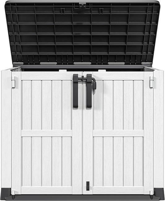 DWVO 36 cu ft Tool Storage Shed, Storage for Bakcyard, Patio, and Garden, Resin Plastic Shed with Sloped Lid, Lockable Door, and Wood Grain Finish, Light Gray
