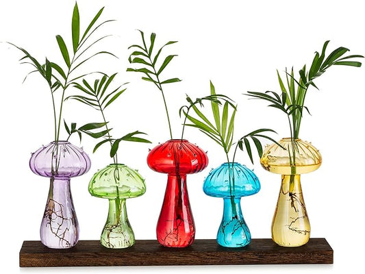 Glasseam Mushroom Plant Propagation Station: Cute Glass Terrarium Jar with Wooden Stand Unqiue Planters for Indoor Plants Hydroponic Glass Bud Flower Vase for Home Office Decor for Women