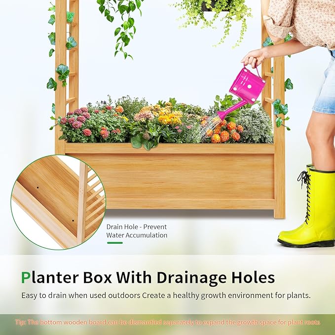 SUNYRISY Raised Garden Bed with Trellis, Wooden Vertical Planter Box with Trellis Outdoor for Climbing Plant Vine Flowers Vegetables, Planter Raised Bed with Hanging Roof and Drainage Holes