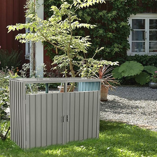 Garbage Bin Storage Shed for 2 Trash Cans Outdoor Metal Enclosure Charcoal Galvanized Steel Garbage Can Holder Hide Utility Bin Shelter Garden Yard
