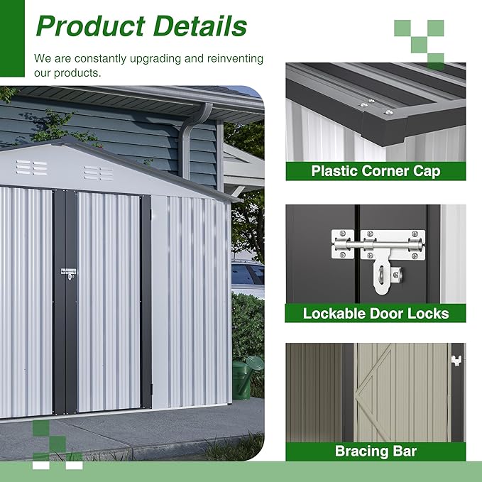 10X8 FT Outdoor Storage Shed W/Lockable Hinge Doors,Metal Shed W/Sloped Roof & 4 Air Vents,All Weather Garden Tool House for Backyard Patio Lawn,White