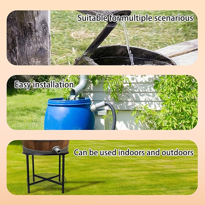 2-Tier Rain Barrel Stand – Base Only, Outdoor Heavy-Duty Rain Water Collection Barrel Stand with Rust-Proof Design & Ring Shelf, Fits 45/50/55-Gallon Plastic Round Rain Barrels (Black)