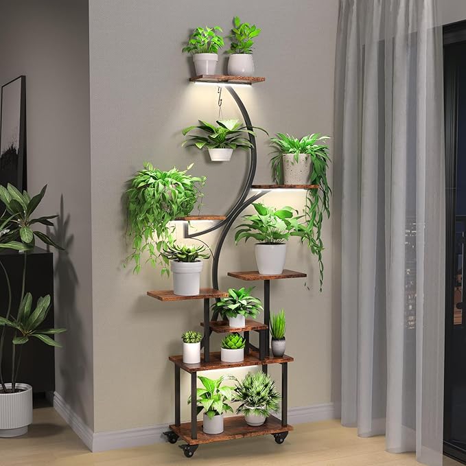 Plant Stand Indoor with Grow Lights, 64" Tall Indoor Plant Stand with Wheels, 8 Tiered Plant Shelf Indoor, Tall Plant Stands Indoor with Pulley for Living Room, Patio