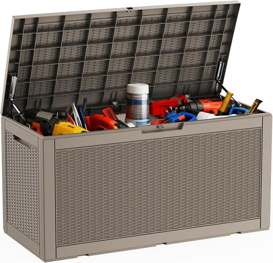 DRATO 100 Gallon Large Deck Box, Outdoor Storage Box for Patio Furniture, Patio Cushions, Gardening Tools, Pool Supplies,660lbs Weight Capacity,Waterproof Resin Storage Boxes（Gray，100 Gallon）