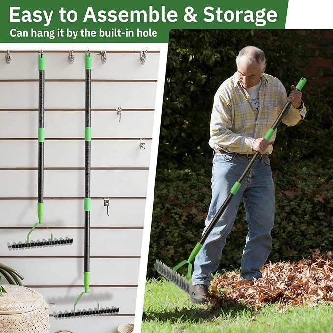Thatch Rake, 13" Wide Efficient Dethatcher Rake with 70" Adjustable Long Handle, Heavy Duty Steel Metal Dethatching Rakes for Cleaning Dead Grass, Loosening Soil, Lawn Care in Yard Garden