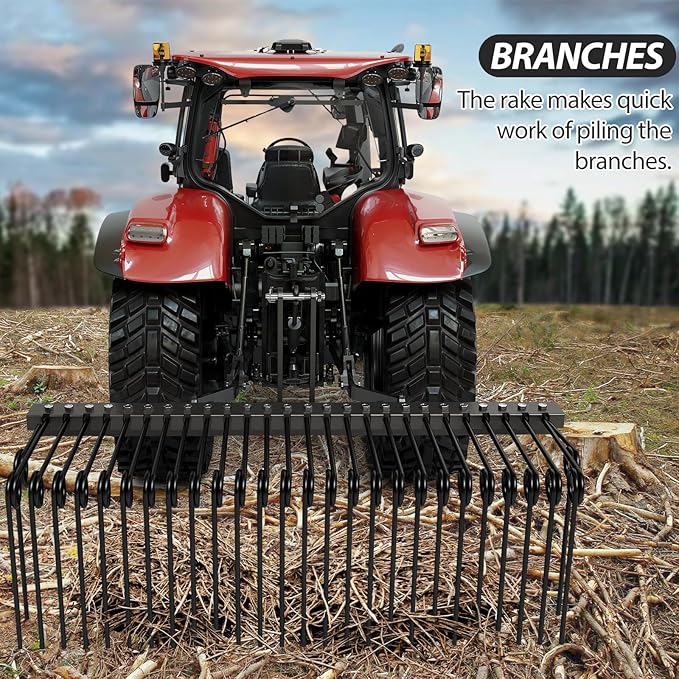 60 in Pine Straw Needle Rake, 3 Point Landscape Rake, Powder Coated Steel Spring Tow Behind Rakes, Tractor Attachments for Leaves Straw Grass Attach to Cat 0 Cat 1, Black
