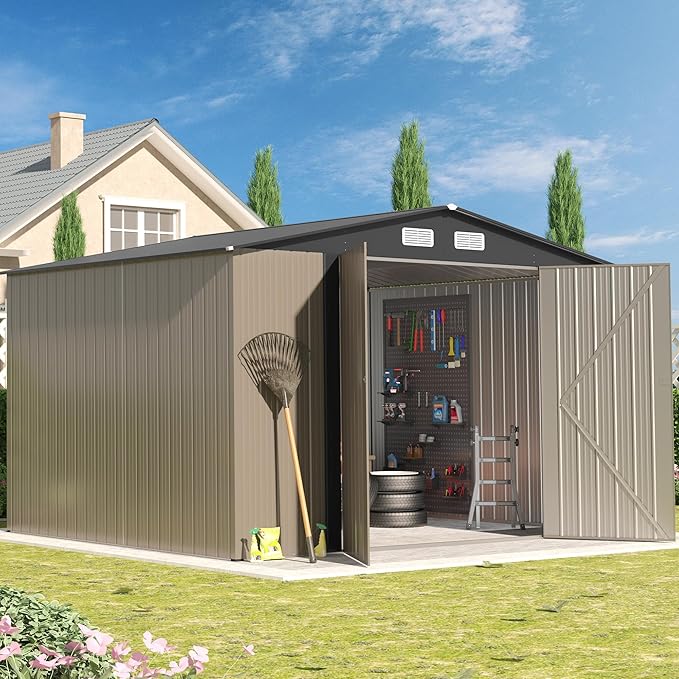 8×10 FT Metal Shed Outdoor with Peaked Roof, Weather Resistant Outdoor Storage Shed with Lockable Double Doors for Backyard, Patio Lawn, Garden