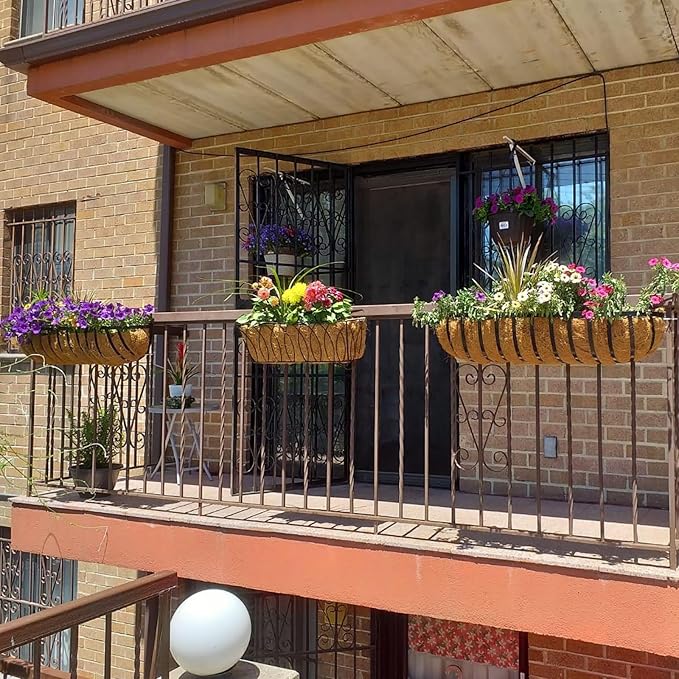 4 Pcs 16“ Railing Planter Window Box Deck Railing Planters Boxes with Coco Liner English Horse Trough Planters Metal Wall-Mounted Planter Basket for Outdoor Balcony Porch Fence Patio Rail
