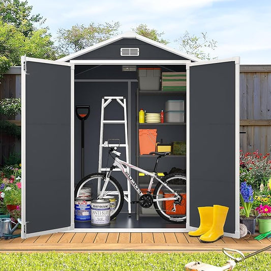 HUGROVE 6×4 Outdoor Storage Shed with Floor, Waterproof & UV-Resistant Resin Garden Shed for Backyard, Plastic Tool Shed with Lockable Double Doors, Air Vents & Side Window (Charcoal)