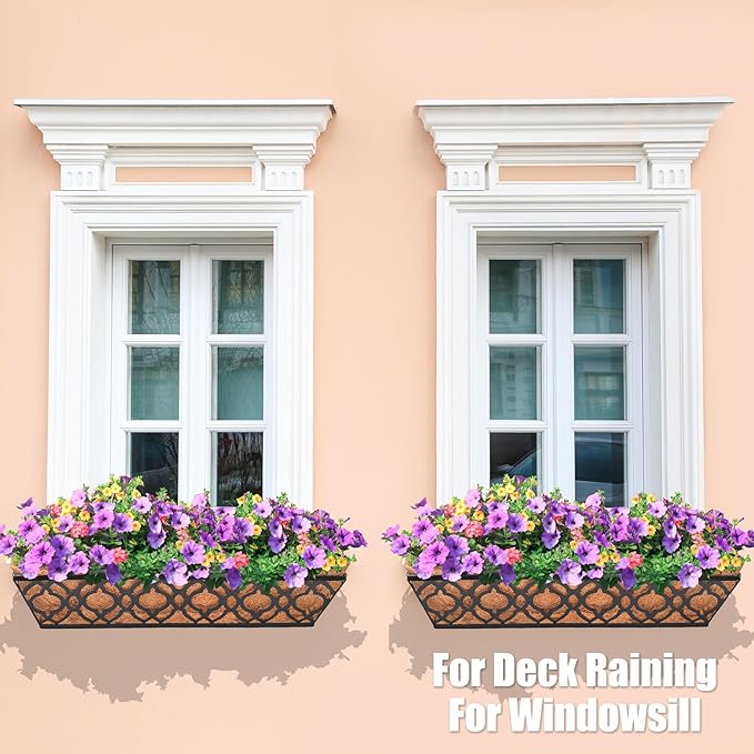 Y&M 6pcs 24 Inch Window Deck with Coco Liner, Fence Metal Hanging Flower Planter Window Basket Deck Railing Planter Boxes for Outdoor Garden Lawn