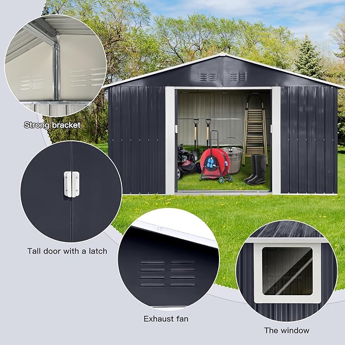 11.2x10.6 FT Outdoor Storage Shed Galvanized Metal Tool Shed with Window and Sliding Door,Waterproof Garden House w/Punched Vents & Locks,for Patio,Lawn,Backyard,Grey