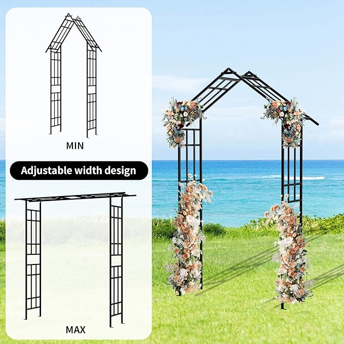 Metal Garden Arch, Assembly Garden Arbor,Adjustable Width W42.52''~W78.15'',Trellis Climbing Plants Support, Rose Outdoor Arch,Wedding Arch Party Events Archway (Black, Adjustable)