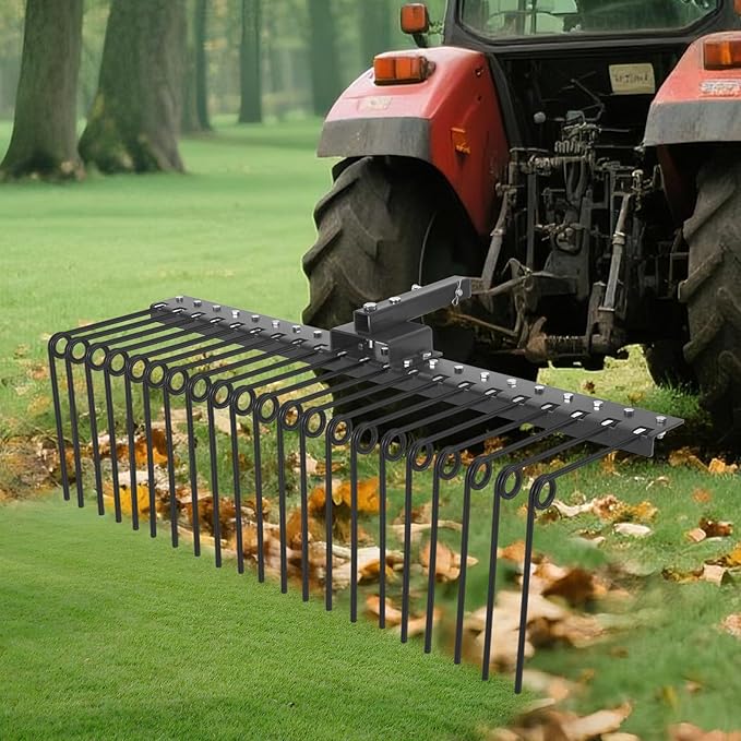 60" 3-Point Tractor Landscape Rake, Pine Straw & Yard Waste Cleaner, Cat 0/1 Hitch Compatible, Powder Coated Steel Blades, Orange