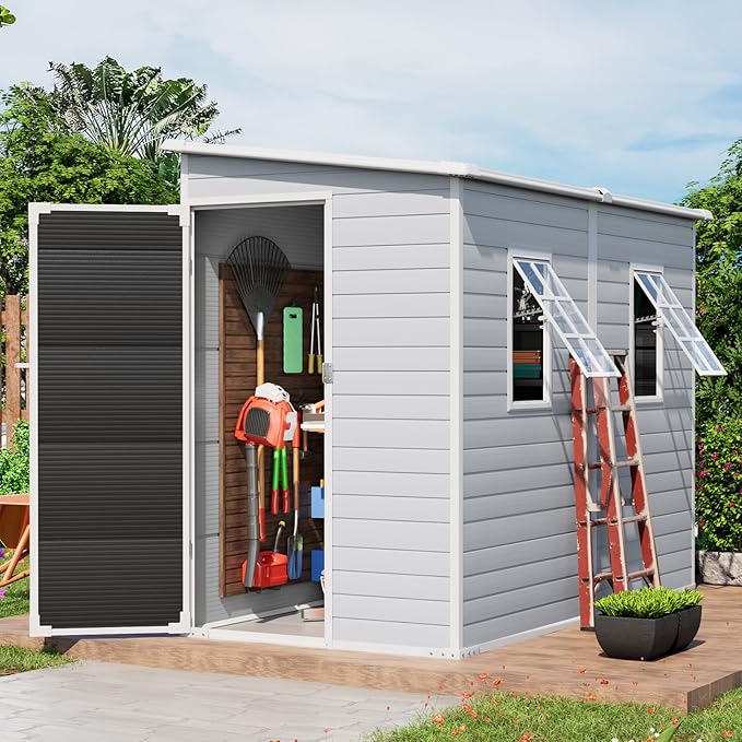 4x8 FT Plastic Storage Sheds Outdoor with Floor and Openable Window, Lean to Resin Shed Easy to Install, Compact Sheds & Outdoor Storage/Tool Shed for Garden & Backyard, Gray