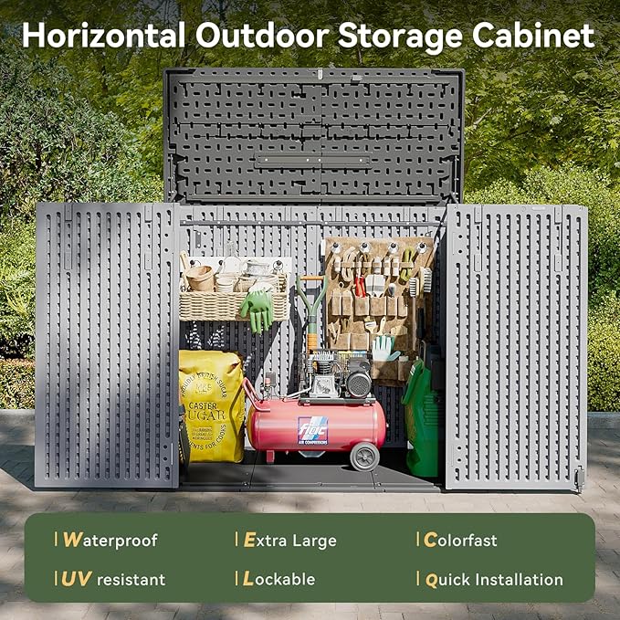 AOXUN Horizontal Storage Sheds 41 Cu.ft, HDPE Outdoor Storage Box 160 Gallon, Waterproof Lockable Resin Deck Box with Spring-Assisted Lid, Patio Storage for Garden, Pool, Cushions, Tools, Grey