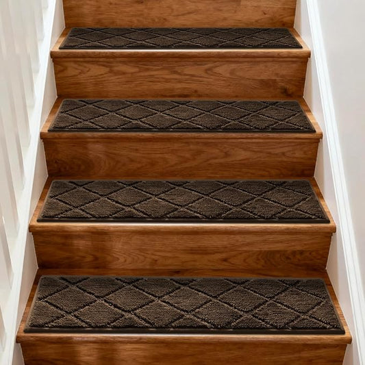 JOENIE Non-Slip Edging Stair Treads Carpet Mat 30inX8in Indoor Stair Runners for Wooden Steps, Edging Stair Rugs for Kids and Dogs, 100% Polyester TPR Backing (Brown, 4pc)