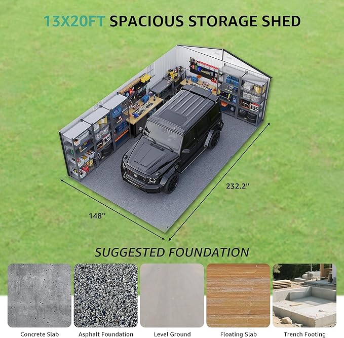 13x20 FT Outdoor Storage Shed, Large Metal Garage Sheds with Two Windows and Two Translucent Panels,Tool House w/Free Light Panet & Sloped Roof,for Car,Truck,Bike,Lawnmower,Tool,Dark Gray