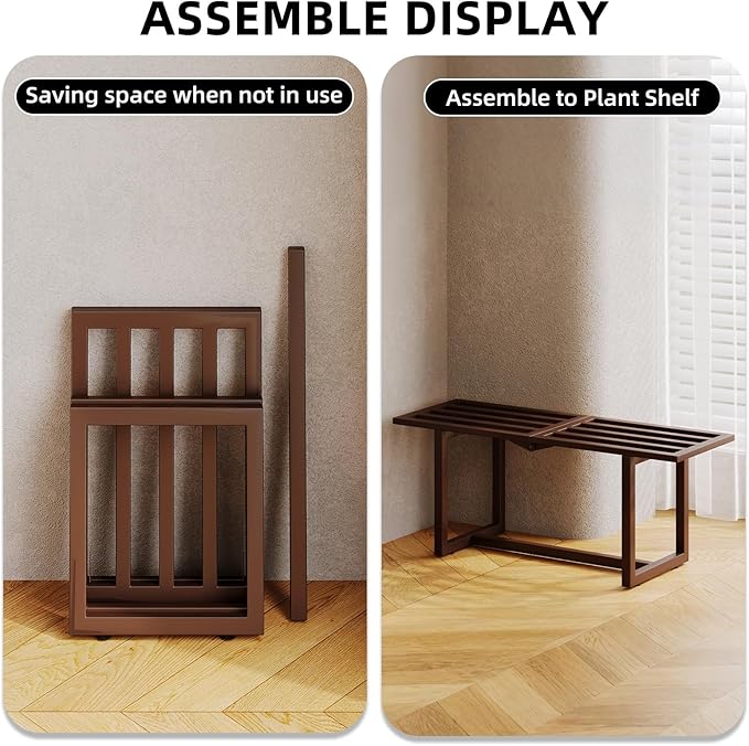 2 Pack Metal Plant Stand Indoor, Outdoor Iron Plant Shelf, Heavy Duty Slatted Display Shelf for Patio Balcony Garden Living Room Load Bearing 330 LB 26" L x 10.4" H x 8.6" W 1 Tier Coffee