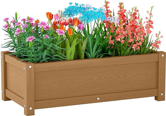 HDPE Raised Planter Box Outdoor,Rot-Resistant and Non-Cracking,Raised Beds for Gardening 29.5 * 14.4 * 9.8 in for Yard,Lawn,Outdoor Planter Boxes Rectangle with Drainage Holes Brown