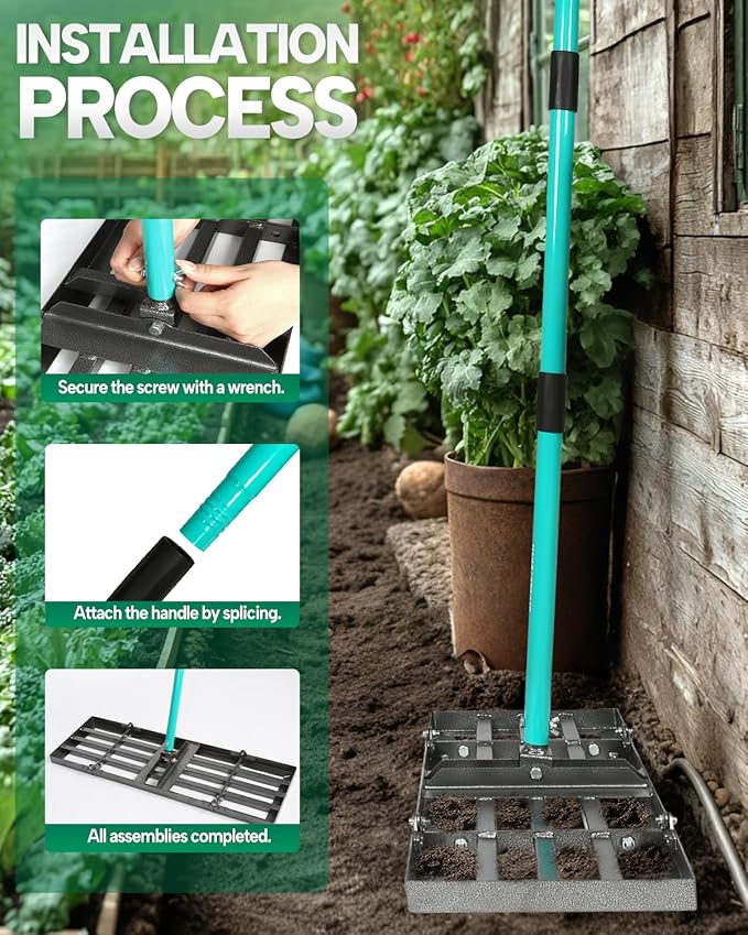 Breeze Touch Lawn Leveling Rake 30x10 Weighted & Collapsible Plate, Heavy Duty Yard Leveler Rake with 77" Adjustable Stainless Steel Handle, Lawn Tools for Gardening, Golf Course, Farm, Pasture