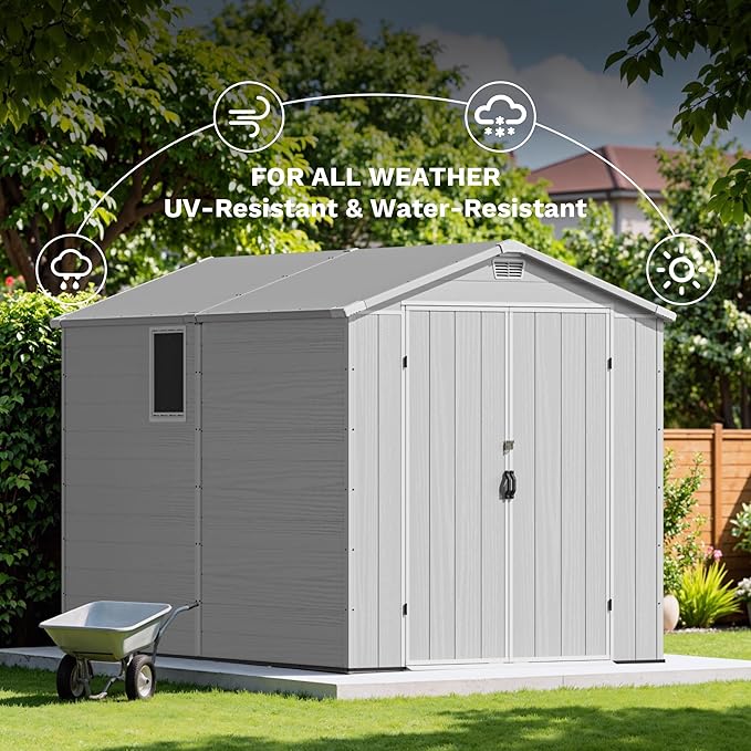 Devoko 6x10 FT Plastic Outdoor Storage Shed - Lockable Resin Tool Shed with Window & Floor - Easy Assembly for Garden, Backyard, Light Gray